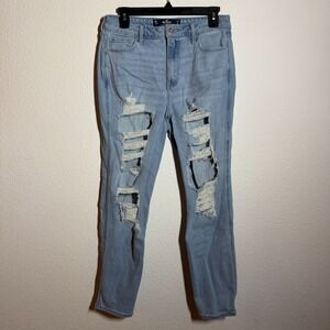 Hollister Ultra High Rise Mom Jeans Womens 9R 29x27 Blue Denim Ripped Distressed